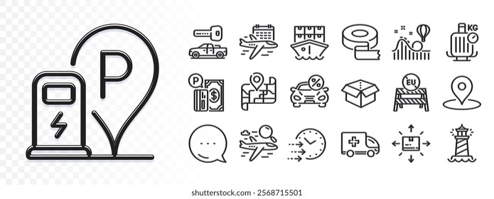 Charging station, Select flight and Parking payment line icons for web app. Glare of light effect. Message icon. Pack of Lighthouse, Delivery time, Pin pictogram icons. Vector