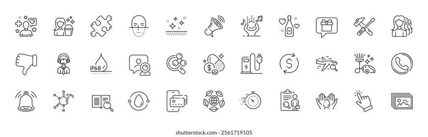 Charging station, Shipping support and Noise line icons. Pack of Megaphone, Wash hands, Dislike hand icon. Waterproof, Clean skin, Chemistry lab pictogram. Search text, Inspect. Line icons. Vector