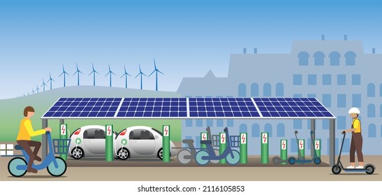 Charging station with solar panel roof in a sustainable environment.  Electric vehicles, cars, bicycles and scooters are charged and in use. Sustainable energy from wind and sun.