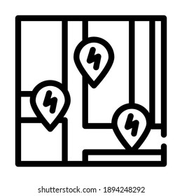 ubicación de estaciones de carga en el vector de icono de línea de mapa. ubicación de las estaciones de carga en el símbolo del mapa. símbolo de contorno aislado ilustración negra