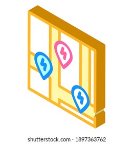 Ladestationen Position auf Karte isometrische Symbol Vektorgrafik. Lage der Ladestationen auf dem Kartenzeichen. einzelne Symbolillustration