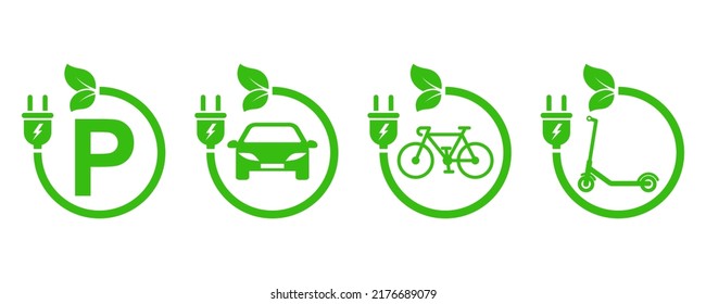 Charging stations vector icons. Charging for bicycle, car and electric scooter. Point eco recharge energy. Green parking. svg