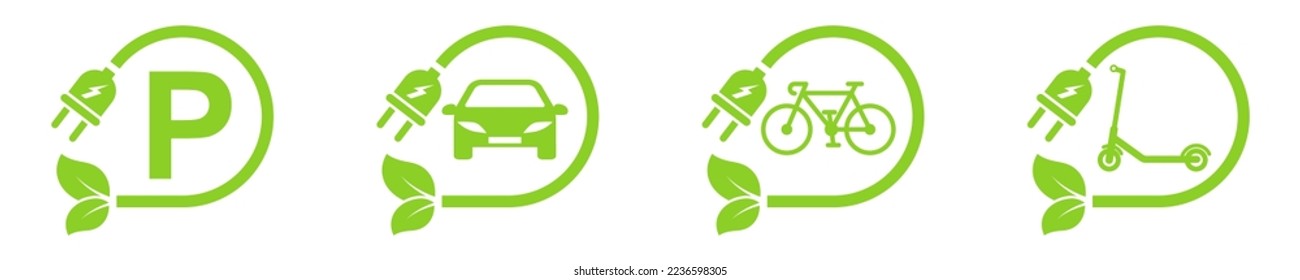 Charging stations vector icons. Charging for bicycle, car and electric scooter. Point eco recharge energy. Green parking.