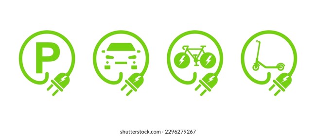 Iconos vectoriales de estaciones de carga. Cargo por bicicleta, auto y motocicleta eléctrica. Apunte la energía de recarga ecológica. Aparcamiento verde.