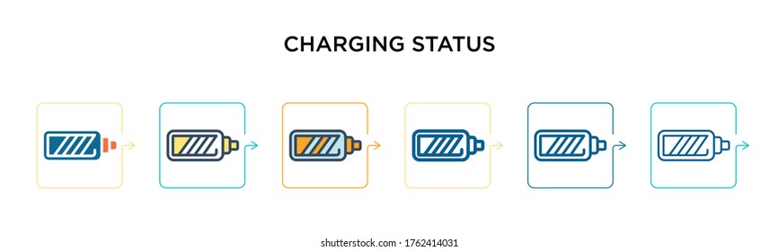 Charging status vector icon in 6 different modern styles. Black, two colored charging status icons designed in filled, outline, line and stroke style. Vector illustration can be used for web, mobile,