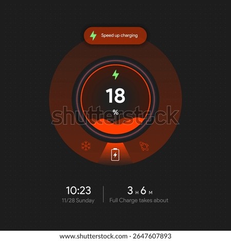 Charging status widget UI. Battery level shown in percentages and estimated time left. Minimal app interface design for mobile device. Tech energy tracking template. Vector illustration.
