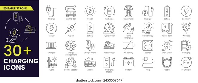 Charging Stroke icon collections. Containing charge, battery, energy, electricity, charger, recharge, electric car and charging station icons. Stroke icon collection Outline icon. Vector illustration