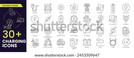 Charging Stroke icon collections. Containing charge, battery, energy, electricity, charger, recharge, electric car and charging station icons. Stroke icon collection Outline icon. Vector illustration