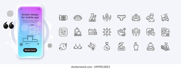 Charging time, Click hand and Eco energy line icons for web app. Phone mockup gradient screen. Pack of Gpu, Fair trade, Bra pictogram icons. Power, Delivery cart, Calendar signs. Vector