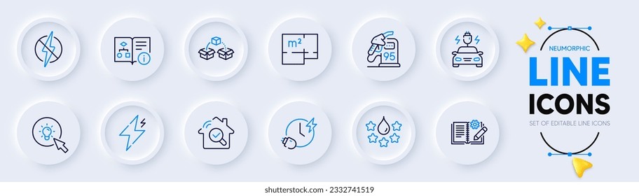 Charging time, Inspect and Floor plan line icons for web app. Pack of Parcel shipping, Petrol station, Quality pictogram icons. Technical algorithm, Engineering documentation, Power signs. Vector