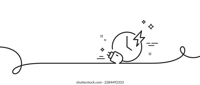 Charging time line icon. Continuous one line with curl. Charge accumulator sign. Electric power symbol. Charging time single outline ribbon. Loop curve pattern. Vector