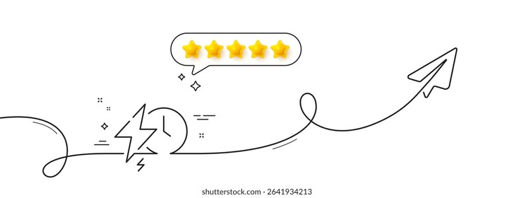 Charging time line icon. Continuous line with share plane. Charge accumulator sign. Electric power symbol. Five star rate review in speech bubble. Charging time single line ribbon. Vector