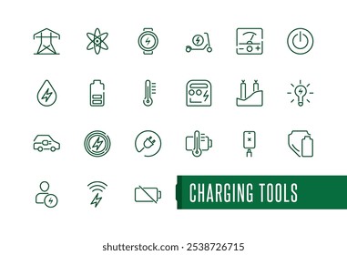 Iconos de herramientas de carga establecidos en estilo de línea. Contiene íconos como Recargo completo, cerrojo, renovable, recarga, electricidad, energía y más. Iconos delgados modernos. Trazo de Vector editable.