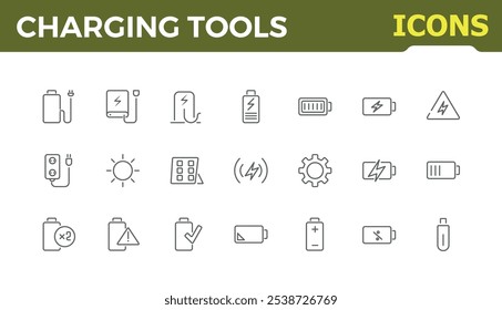 Charging tools icons set in line style. Contains such icons as full charge, bolt, renewable, recharge, electrical, energy and more. Modern thin icons. Editable vector stroke.