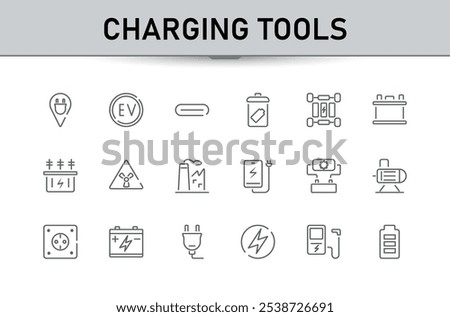 Charging tools icons set in line style. Contains such icons as full charge, bolt, renewable, recharge, electrical, energy and more. Modern thin icons. Editable vector stroke.
