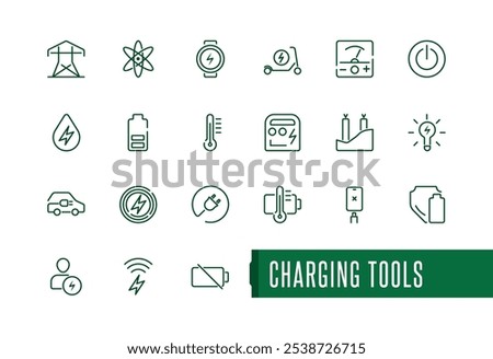 Charging tools icons set in line style. Contains such icons as full charge, bolt, renewable, recharge, electrical, energy and more. Modern thin icons. Editable vector stroke.