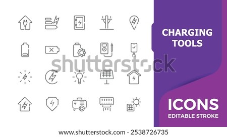 Charging tools icons set in line style. Contains such icons as full charge, bolt, renewable, recharge, electrical, energy and more. Modern thin icons. Editable vector stroke.