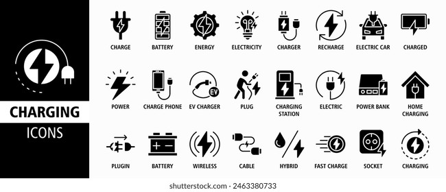 Charging web banner icon set Vector illustration. Containing charge, battery, energy, electricity, charger, recharge, electric car and charging station icons. Solid icon collection.