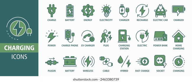 Charging web banner icon set Vector illustration. Containing charge, battery, energy, electricity, charger, recharge, electric car and charging station icons. Solid icon collection.