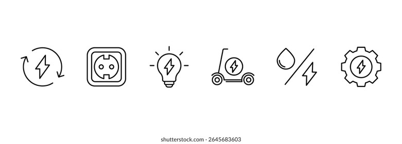 Charging Web Icon Set in Line Style. Charging icons set. Featuring electrical, transport, load, power, plug, and more. Containing charge, battery, energy, electricity etc. Vector illustration.