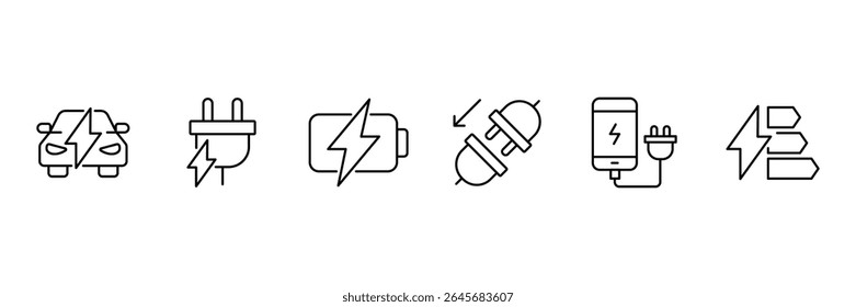 Charging Web Icon Set in Line Style. Charging icons set. Featuring electrical, transport, load, power, plug, and more. Containing charge, battery, energy, electricity etc. Vector illustration.