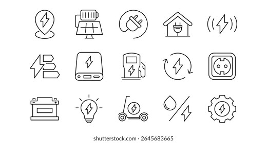 Charging Web Icon Set in Line Style. Charging icons set. Featuring electrical, transport, load, power, plug, and more. Containing charge, battery, energy, electricity etc. Vector illustration.