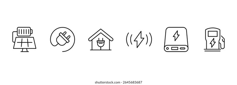Charging Web Icon Set in Line Style. Charging icons set. Featuring electrical, transport, load, power, plug, and more. Containing charge, battery, energy, electricity etc. Vector illustration.