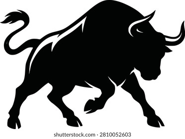 Charging Wild Bull Aggressive Stance Black Silhouette