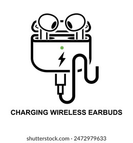 Charging wireless earbuds  icon.  Wireless earbuds with case isolated on background vector illustration.
