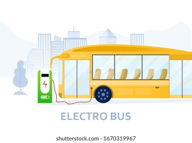 Charging yellow electric bus at the supercharging station for eco city transportation means. Electro Bus in eco-friendly modern urban environment