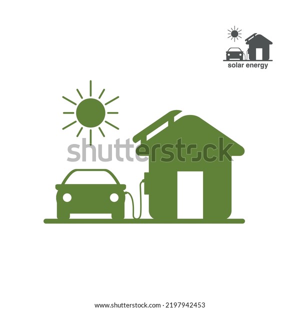 Charging your car from home with\
a solar panel. Icon of an electric car connected to the\
house.