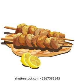 Char-grilled chicken skewers (souvlaki) with fluffy pita bread and lemon. Favorite Greek food. Vector illustration with copy space.