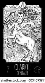 Chariot. 7 Major Arcana Tarot Card. Centaur. Fantasy engraved line art illustration. Engraved vector drawing. See all collection in my portfolio set. 