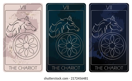 The Chariot. A card of Major arcana one line drawing tarot cards. Tarot deck. Vector linear hand drawn illustration with occult, mystical and esoteric symbols. 3 colors. Proposional to 2,75x4,75 in.