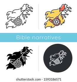 Chariot of fire Bible story icon. Religious legend. Christian religion. Saint chariot and horse in flame. Biblical narrative. Glyph, chalk, linear and color styles. Isolated vector illustrations
