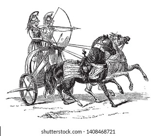 A Chariot of Iron is a horse drawn chariot for soldiers used to break enemy battalions, vintage line drawing or engraving illustration.