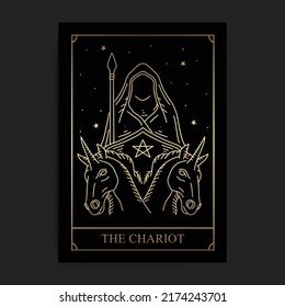 Chariot Magic major arcana tarot Karte mit Gravur, handgezeichnet, Luxus, Himmelskörper, Esoterie, Boho Stil, geeignet für spiritualistische, religiöse, paranormale, Tarot-Leser, Astrologer oder Tattoo