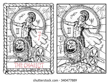 The chariot.  The major arcana tarot card, vintage hand drawn engraved illustration with mystic symbols. Warrior or conqueror wearing costume of roman soldier celebrating the victory