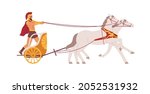 Chariot racing. Roman gladiator in wheel cart riding horses. Ancient Greek sport with racehorses. Man standing in carriage during horseracing. Flat vector illustration isolated on white background