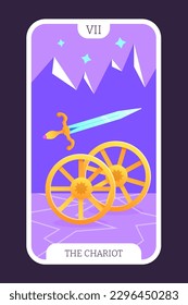 The Chariot tarot cartoon flat card template major arcana. Taro vector illustration spiritual signs with esoteric magic and astrology symbols. Isolated colored graphic. Witchcraft concept EPS