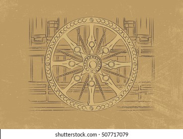 Chariot wheel at the Konark Sun Temple, Orissa, India. Vector Illustration of Indian architecture and sculpture.