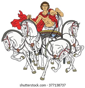 charioteer in a quadriga chariot pulled by four horses harnessed abreast 