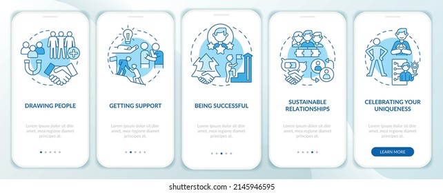 Charisma benefits blue onboarding mobile app screen. Attract people walkthrough 5 steps graphic instructions pages with linear concepts. UI, UX, GUI template. Myriad Pro-Bold, Regular fonts used