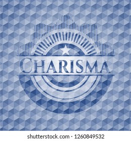 Charisma blue badge with geometric background.
