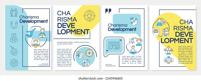 Charisma development blue and yellow brochure template. Build confidence. Leaflet design with linear icons. 4 vector layouts for presentation, annual reports. Questrial, Lato-Regular fonts used