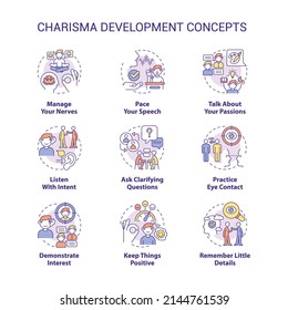 Charisma development concept icons set. Communication tactics. Self presentation idea thin line color illustrations. Isolated symbols. Editable stroke. Roboto-Medium, Myriad Pro-Bold fonts used