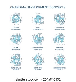 Charisma Entwicklung türkisfarbene Konzept-Symbole gesetzt. Kommunikation. Selbstpräsentation Idee dünne Linien Illustrationen. Isolierte Symbole. Bearbeitbarer Strich. Verwendung von Roboter-Medium, Myriad Pro-Fett-Schriftarten