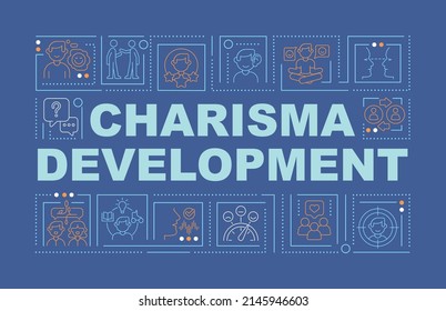 Charisma Entwicklung Wort Konzepte blauer Banner. zwischenmenschliche Fähigkeiten. Infografiken mit Symbolen auf Farbhintergrund. Alleinstehende Typografie. Vektorgrafik mit Text. Arial-Black-Schriftart verwendet