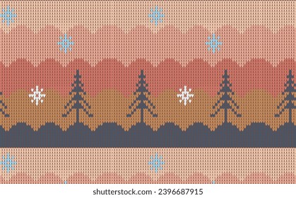 charismas pixel pattern with winter forest tree and snow flakes . cute sunset like color combination. vector sweater pattern design with Nordic inspiration.  