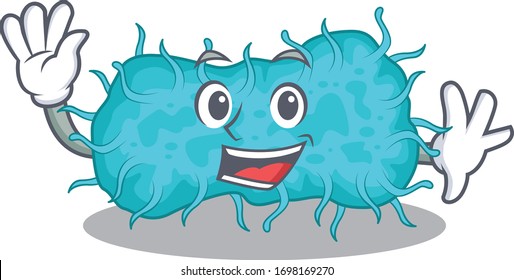 A charismatic bacteria prokaryote mascot design style smiling and waving hand